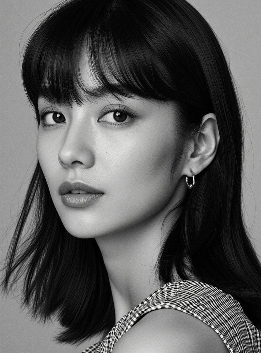 Monochrome Blunt Bangs Studio Portrait