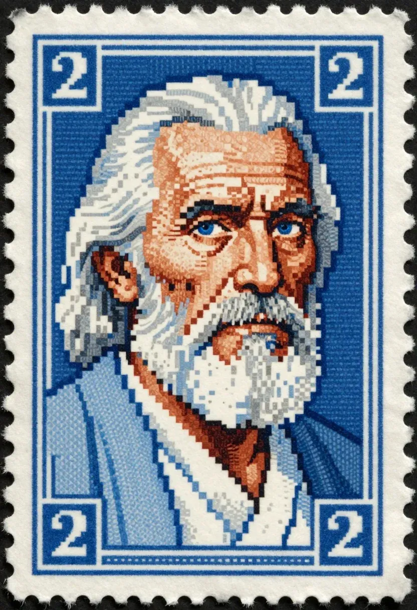 Vintage Postage Stamp Featuring Pixelated Portrait Elderly Man With Weathered