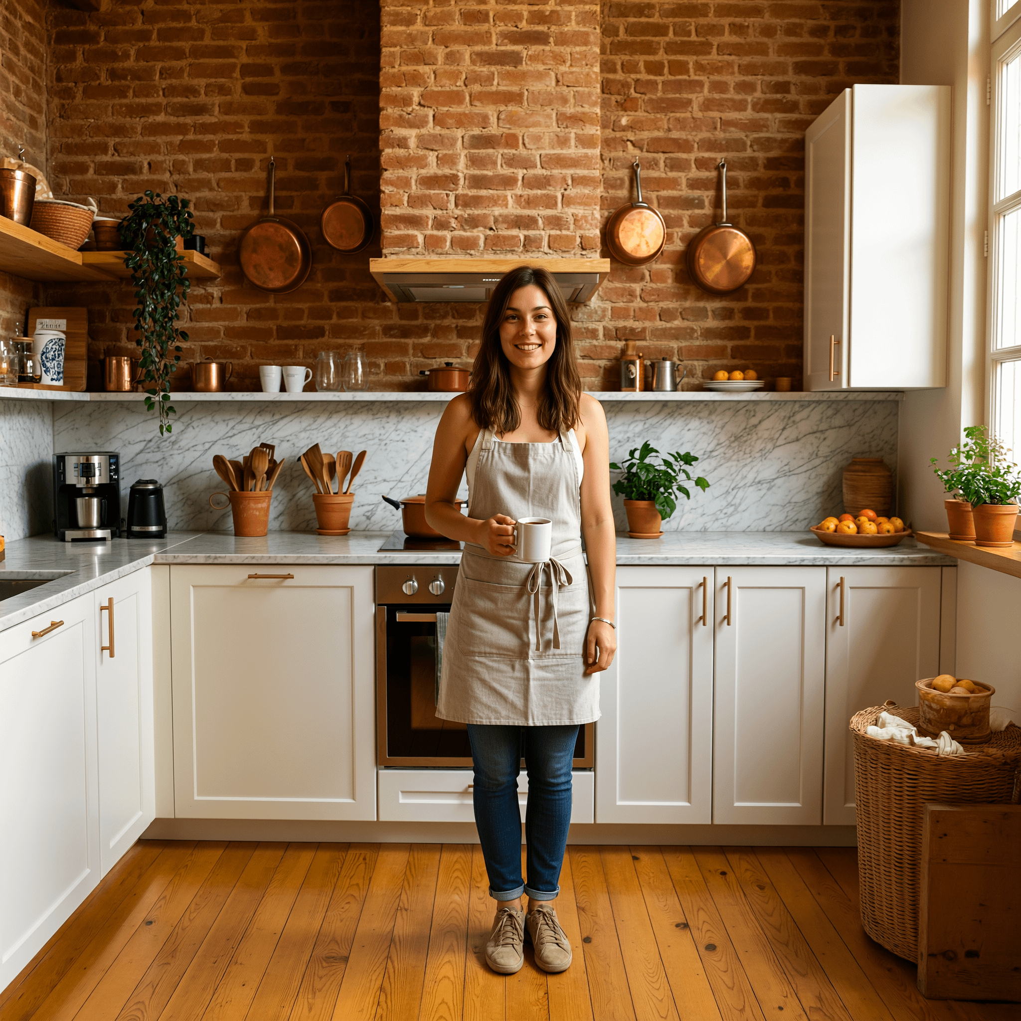 Rustic Modern Kitchen With Exposed Brick And Copper Pots