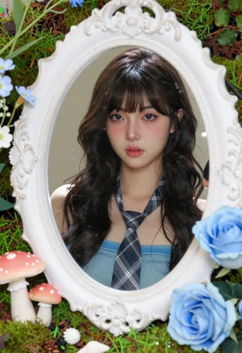 Young Woman With Long Dark Wavy Hair And Bangs Gazes