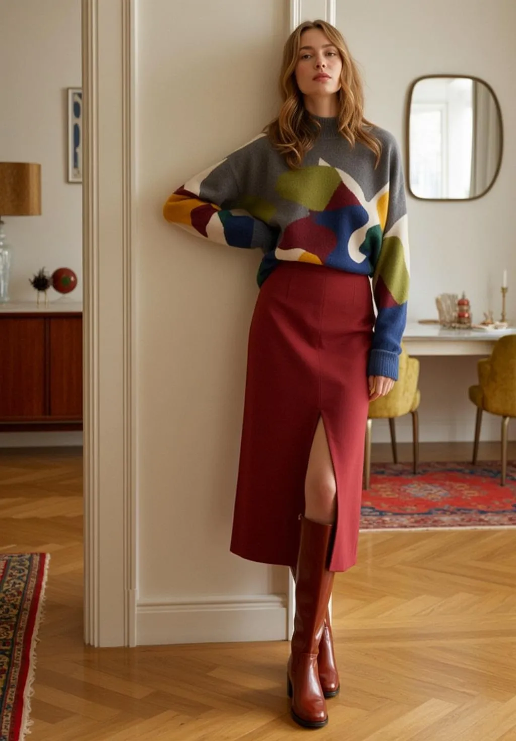 Patterned Sweater Doorframe Pose