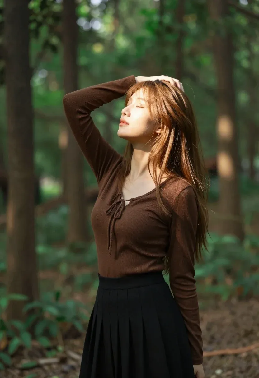 Serene Portrait Young Woman Standing Sun-dappled Forest With Her Eyes
