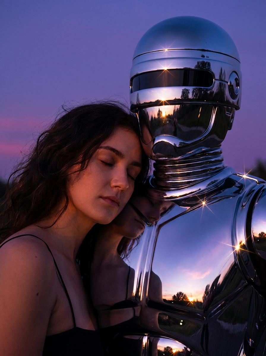 Sci Fi Portrait Robot Violet Pink Dusk Sky
