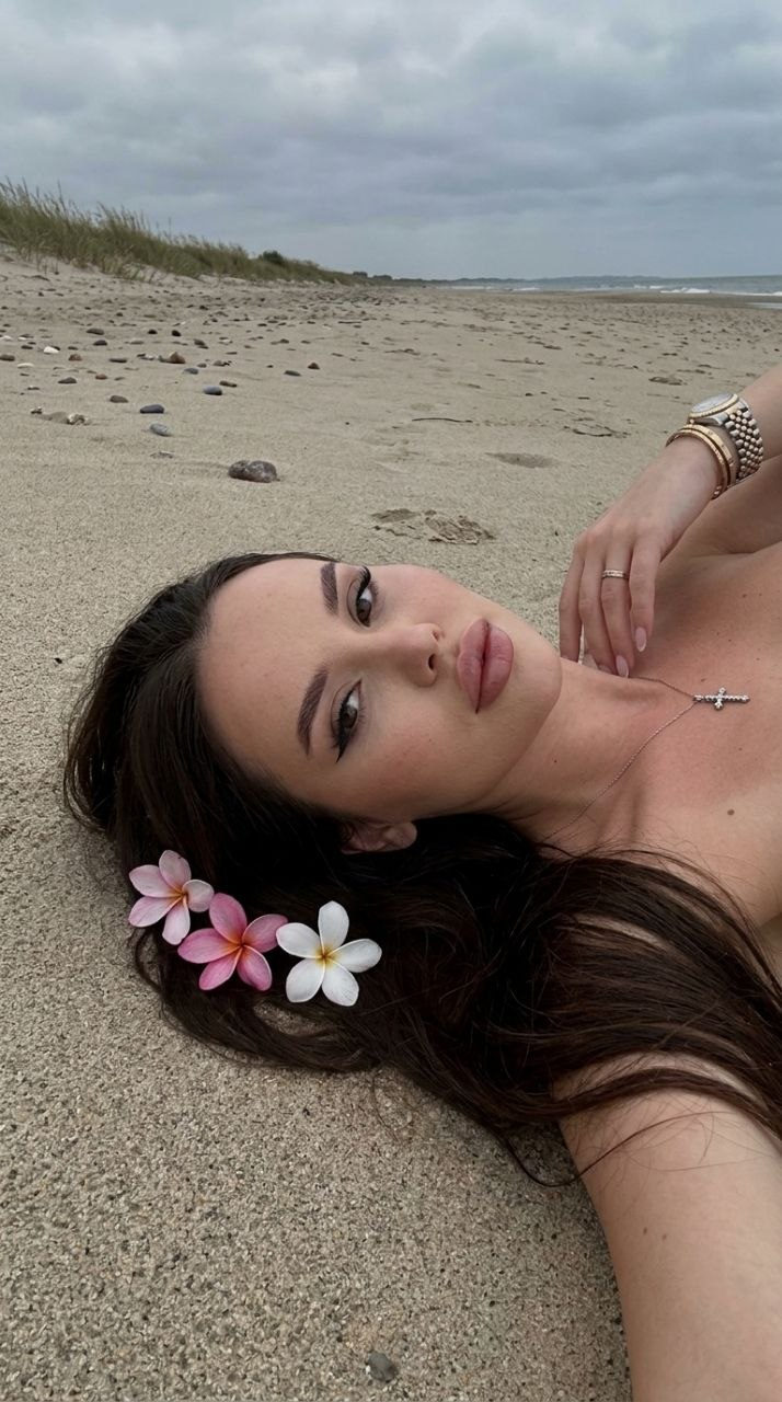 Overhead Beach Selfie With Flowers In Hair