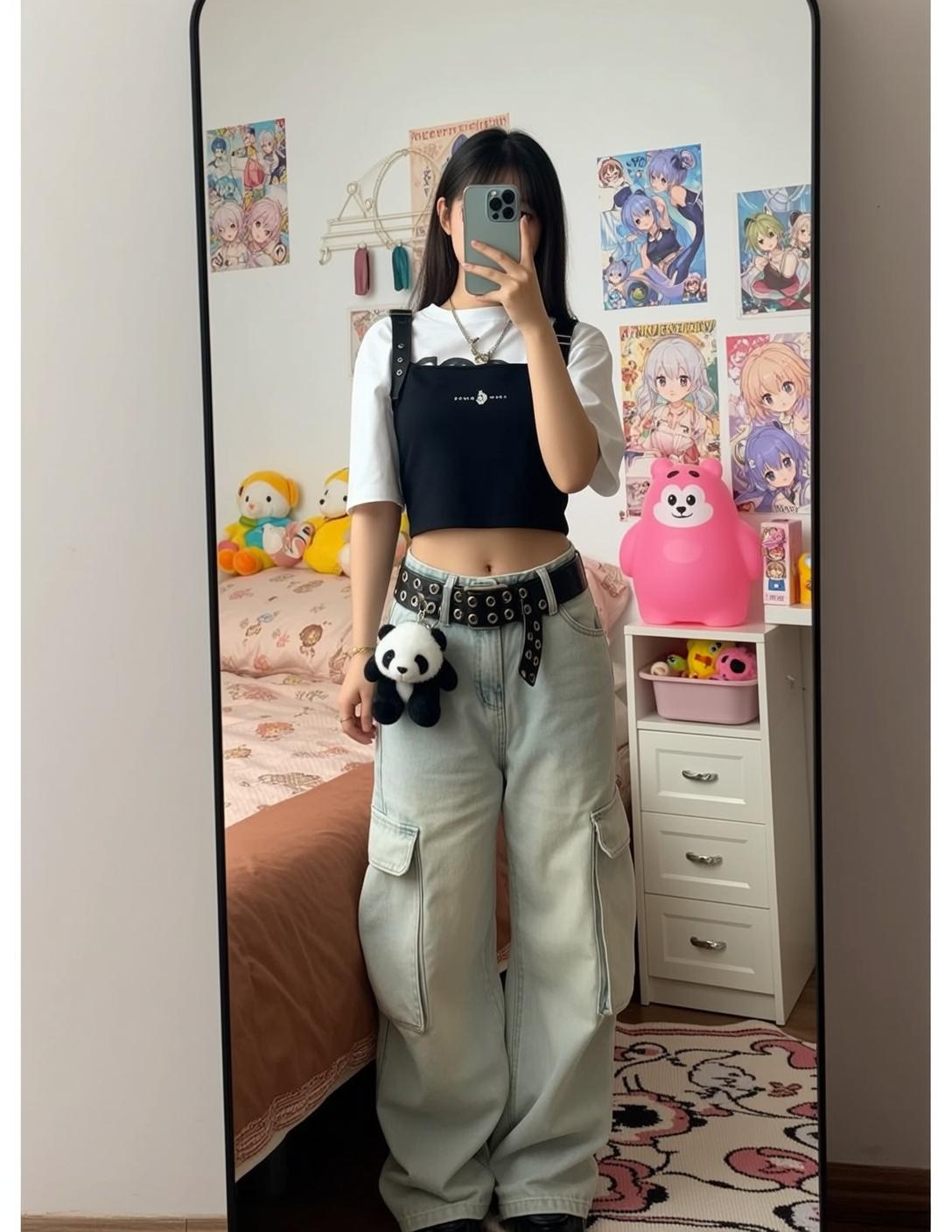 Suspender Top Anime Bedroom Selfie