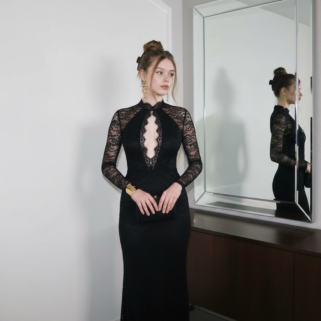 Elegant Woman Black Lace Gown Gold Jewelry Mirror pack preview