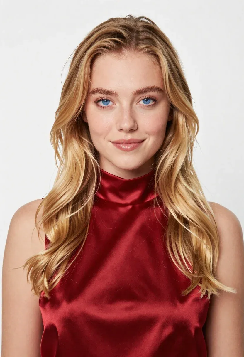 Portrait Young Woman With Long Wavy Blonde Hair And Striking