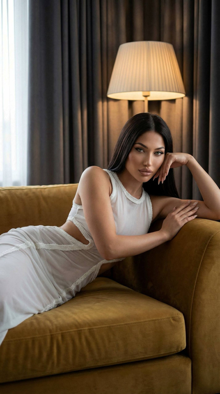 A graceful woman reclining on a mustard-yellow velvet sofa, dressed in a sheer cut-out dress, with soft natural light creating a serene atmosphere.