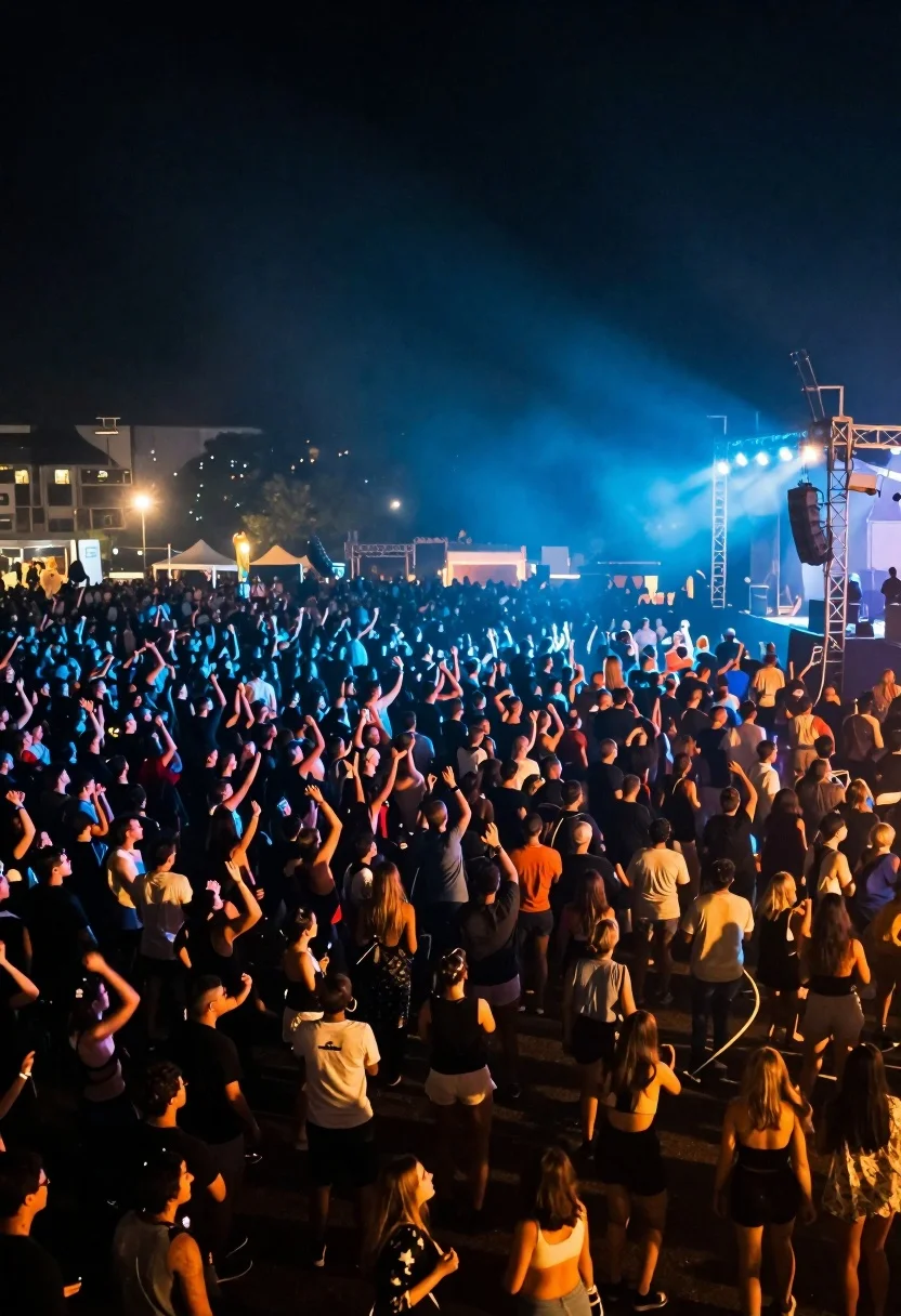 High-angle Wide Shot Capturing Massive Outdoor Festival Crowd Night Under reference photo