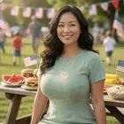 Sunny Green Lawn Picnic Portrait Woman Pale Sage Shirt