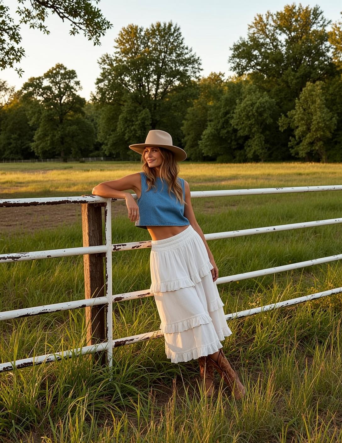 Denim Top White Skirt Fence
