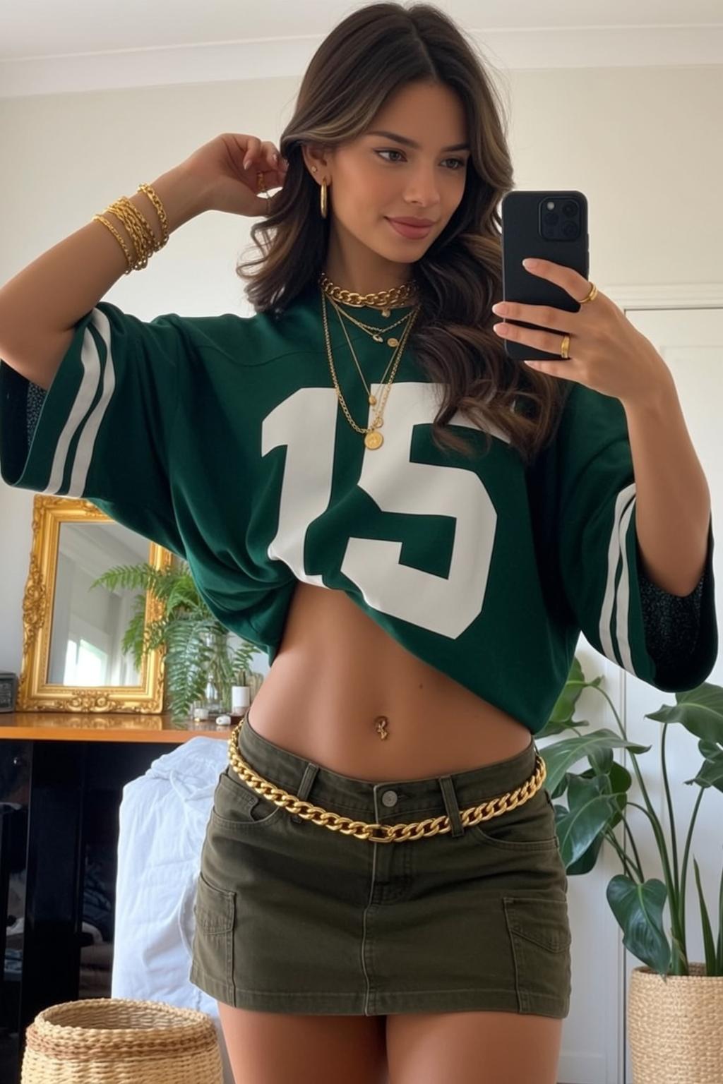 Green Jersey 15 and Cargo Mini Skirt Bedroom Selfie