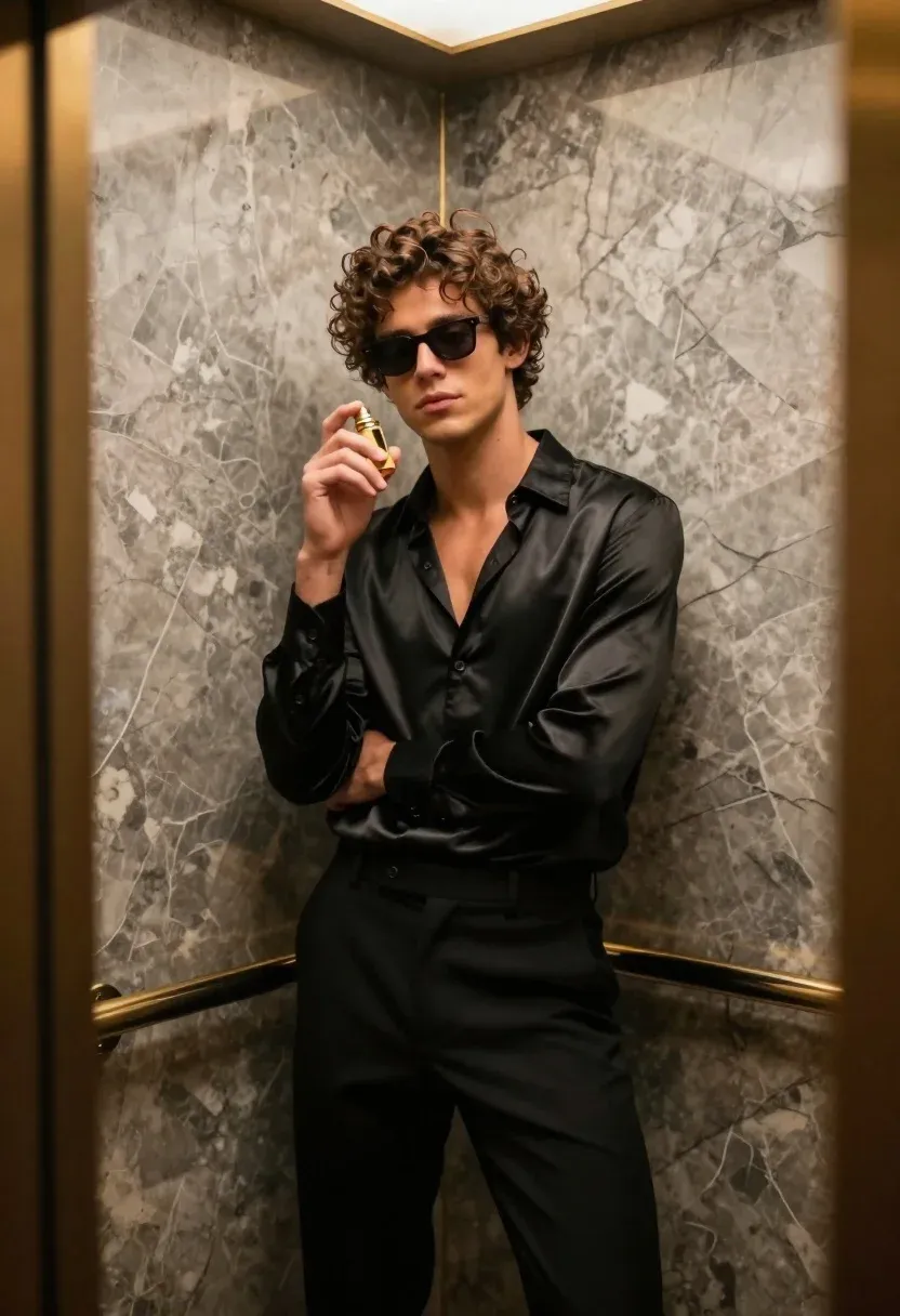 Stylish Young Man With Curly Brown Hair Stands Confidently Inside