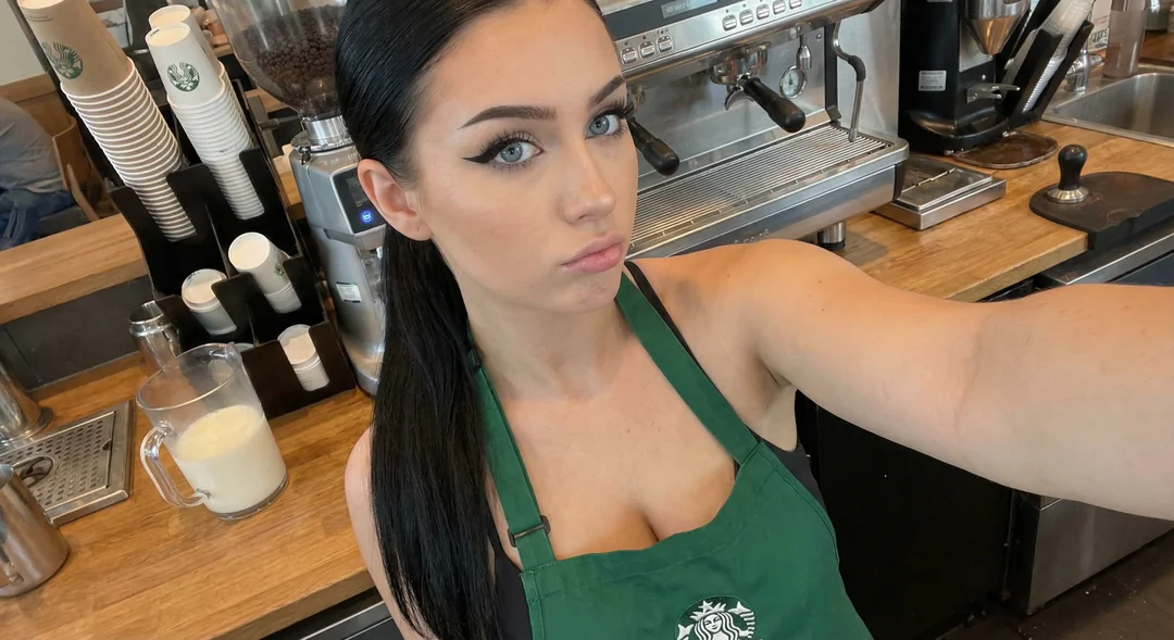 Close-up selfie of a beautiful young woman in a Starbucks apron with blue eyes and dark hair.