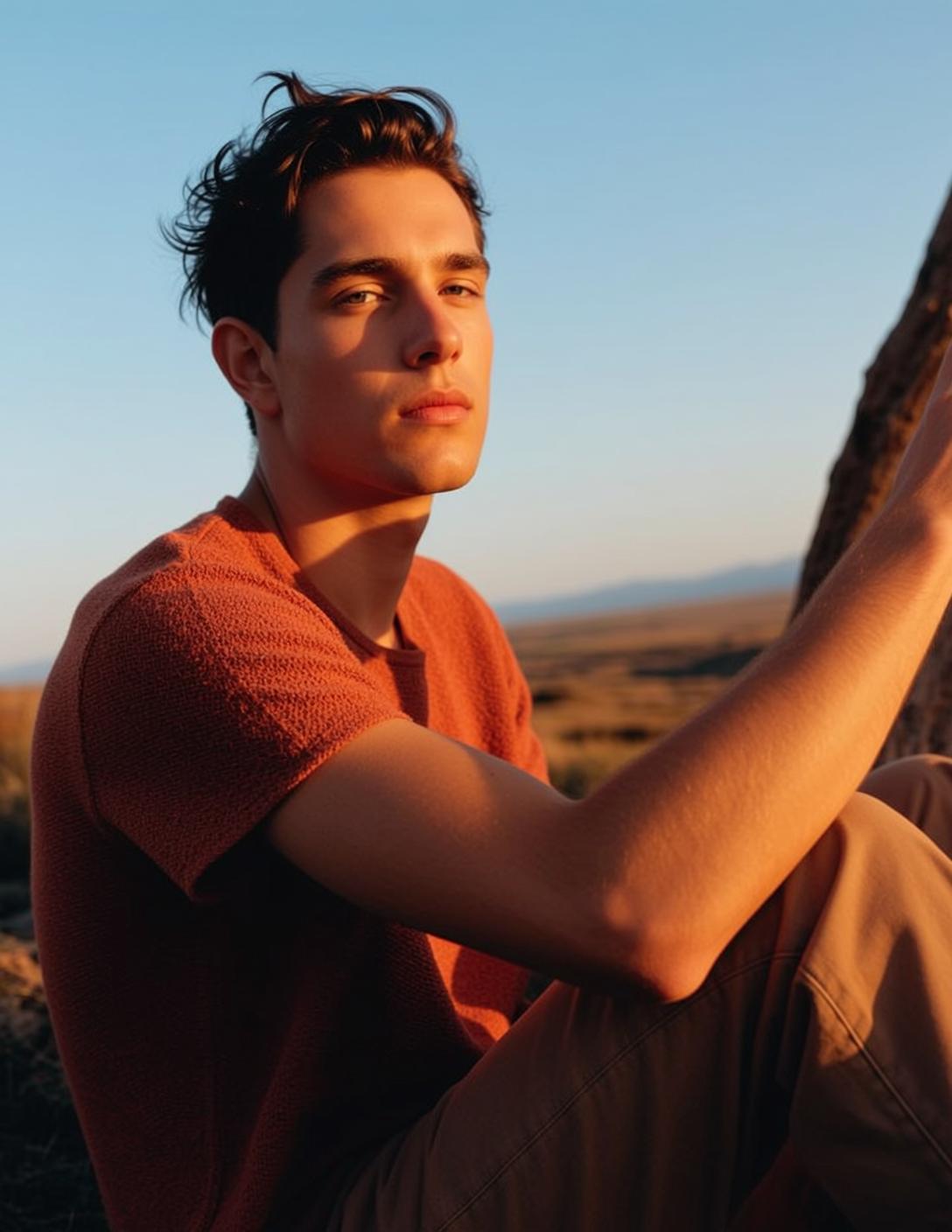Explore Seated Outdoors Leaning Slightly Against Rough-textured