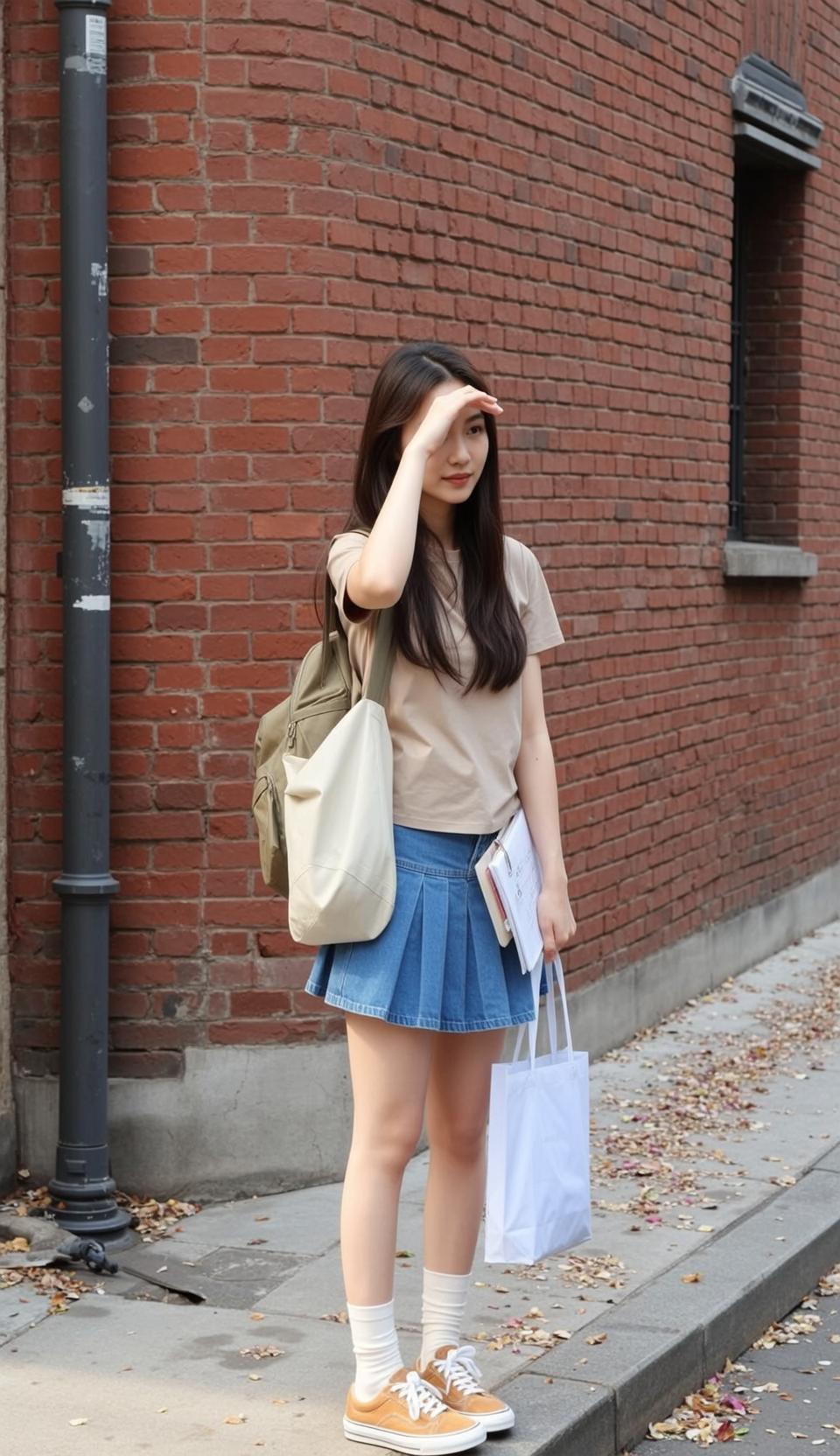 Tan Tee Pleated Skirt Street