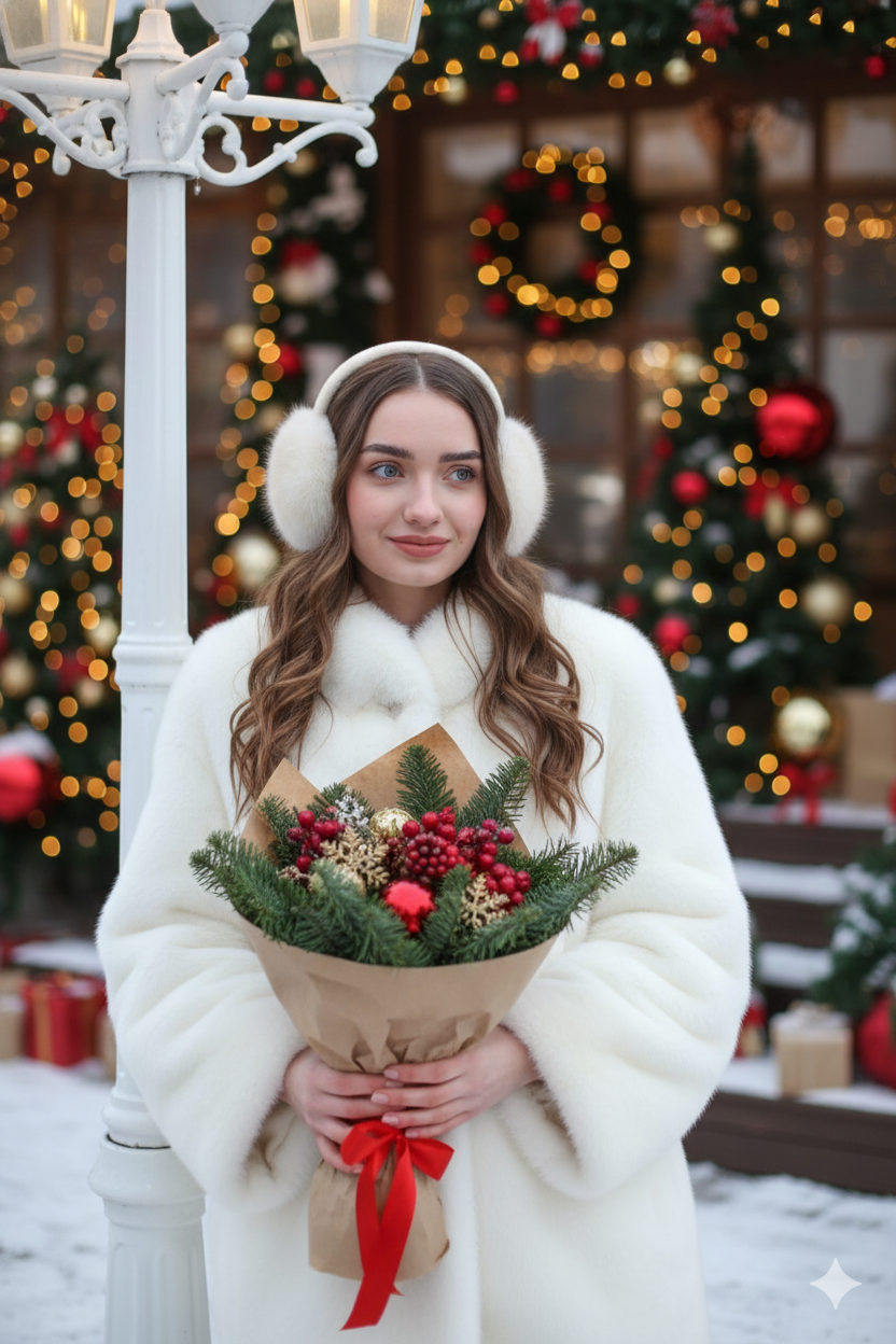 A young woman in a plush white fur coat standing next to a street lamp, holding a crafted bouquet with festive decorations, surrounded by cozy Christmas lights.
