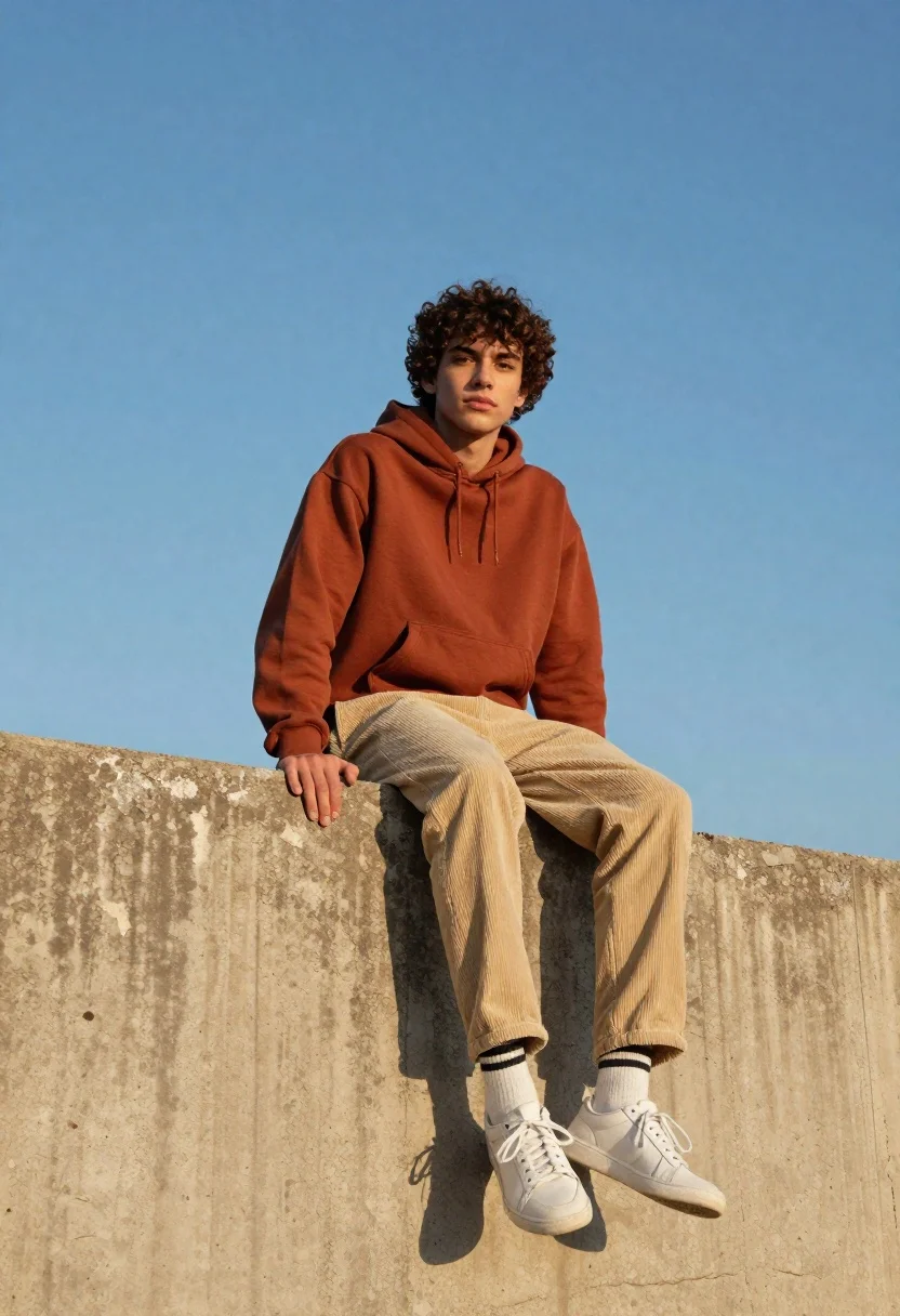 Young Man With Curly Dark Hair Sits Casually Weathered Concrete