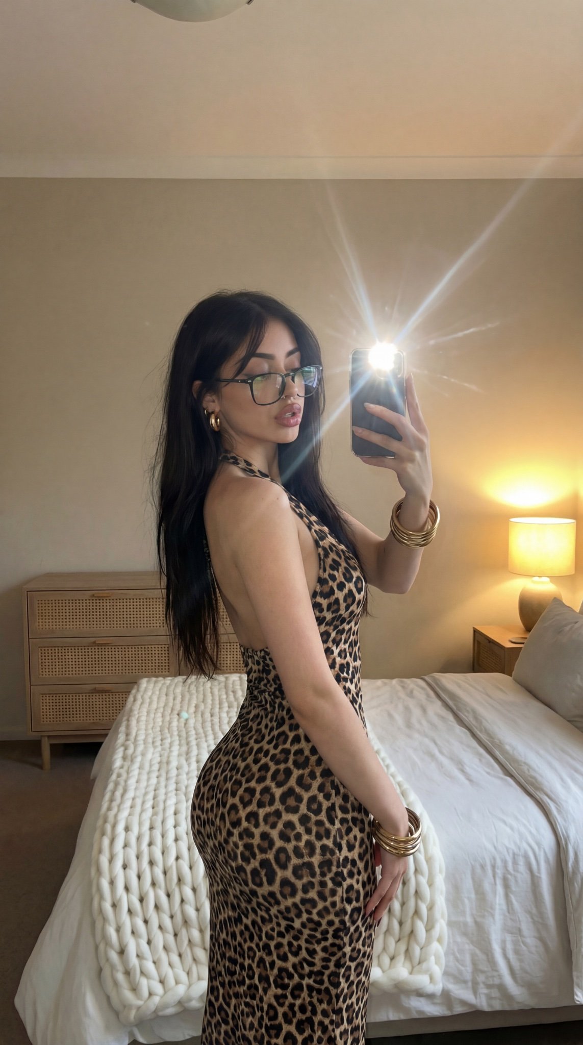 Leopard Dress Backless Halter Neck Standing With Phone