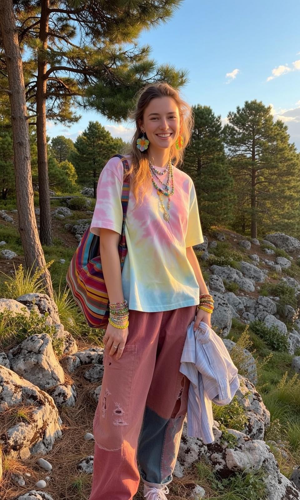Tie Dye Shirt Pink Cargo Pants Standing Smiling