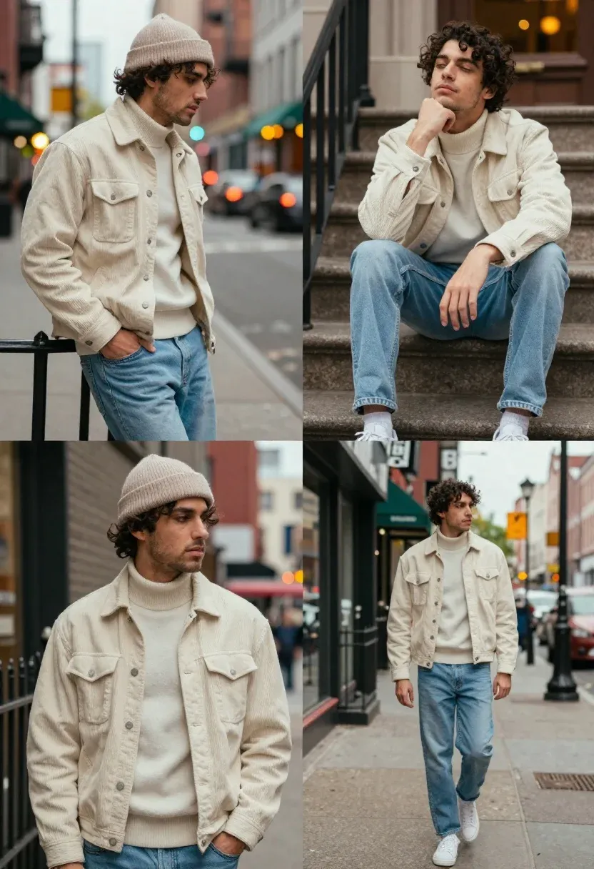 Collage Four Fashion Photography Portraits Featuring Young Man Urban Street