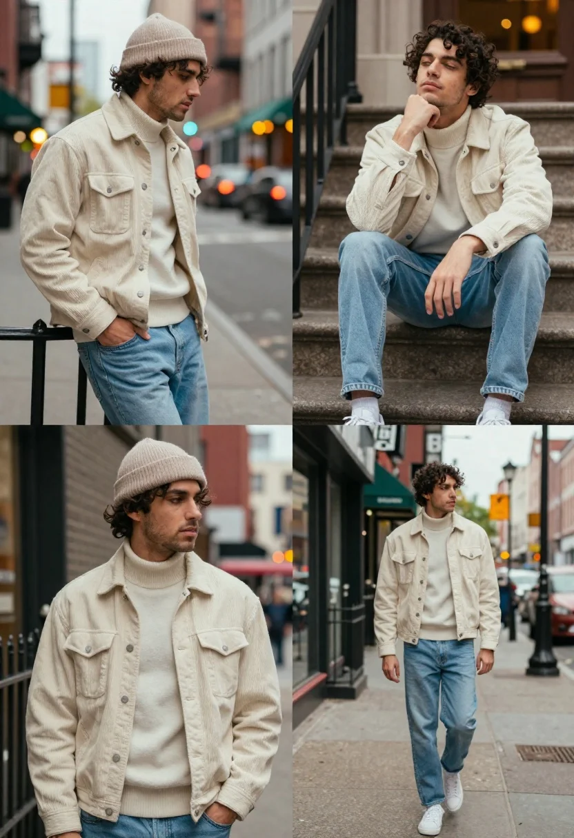 A handsome young man in a cream corduroy jacket against an urban street backdrop, leaning on a railing.