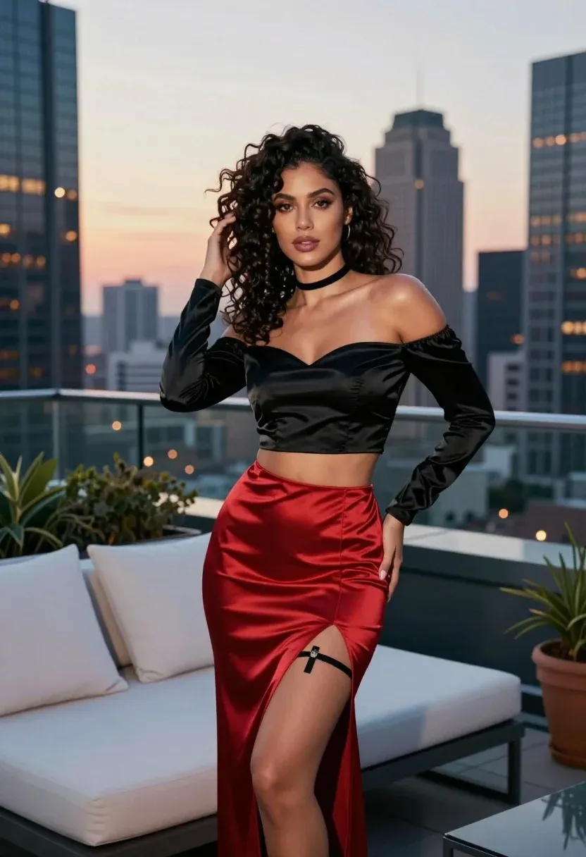 Confident Woman With Dark Curly Hair Stands Rooftop Terrace Against