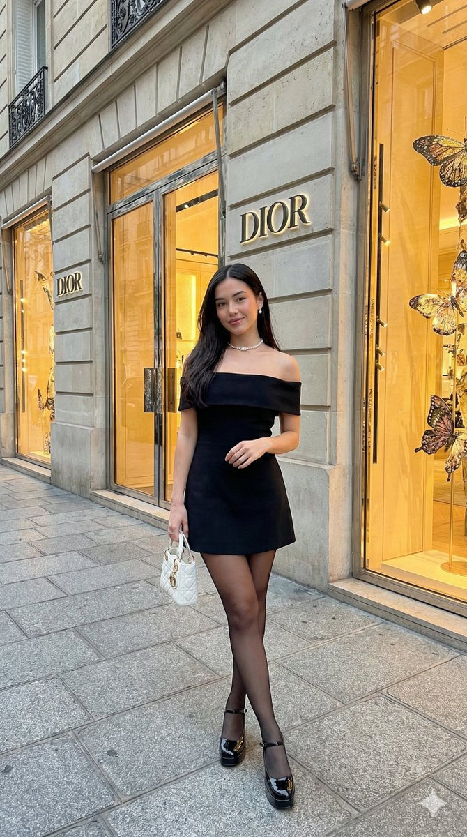 Young woman in a black off-the-shoulder mini dress, standing confidently in front of a luxury Dior storefront with a soft smile.