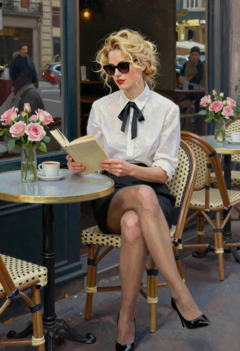 Oil Painting Blonde Woman Reading Outdoors Outdoor Cafe Table Subject reference photo