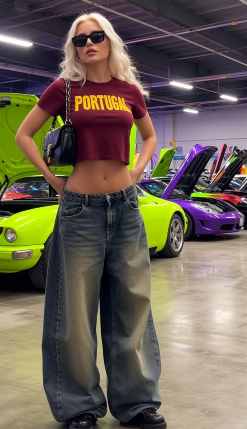 Maroon Crop Top Blue Jeans Car Exhibition