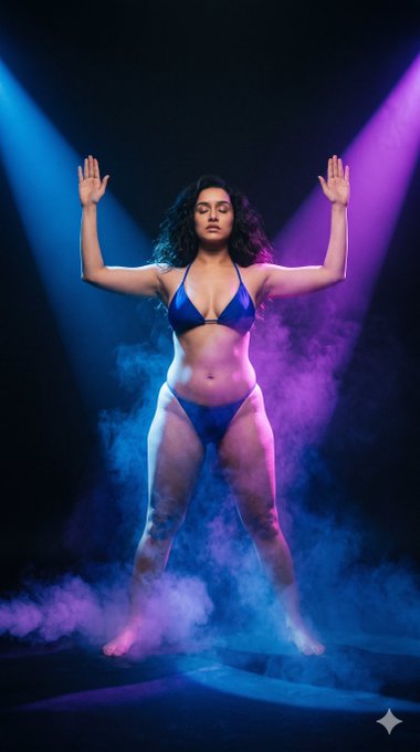 A woman in a metallic blue bikini poses center with swirling blue and purple smoke around her legs against a black background.