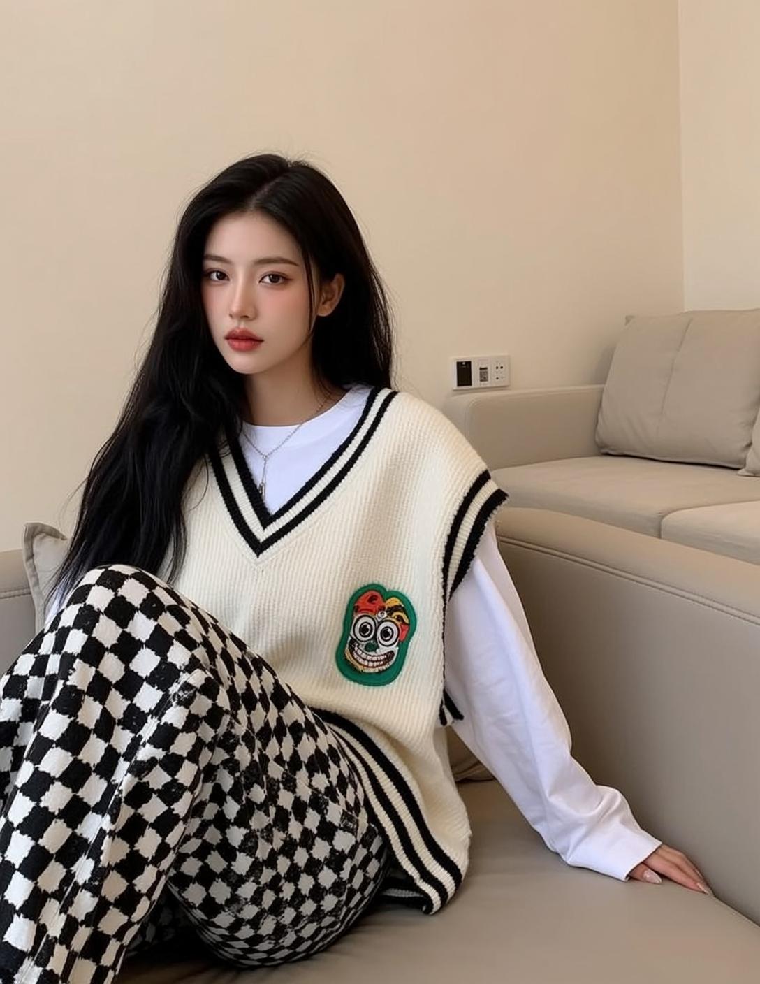 Knit Vest Checkered Pants Lounge