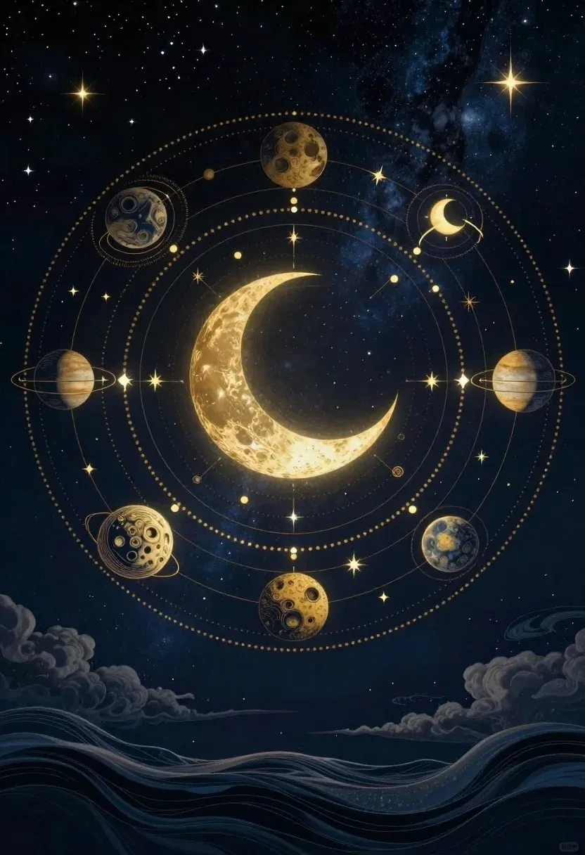 Digital Illustration Ornate Celestial Mandala Deep Navy Blue And Metallic