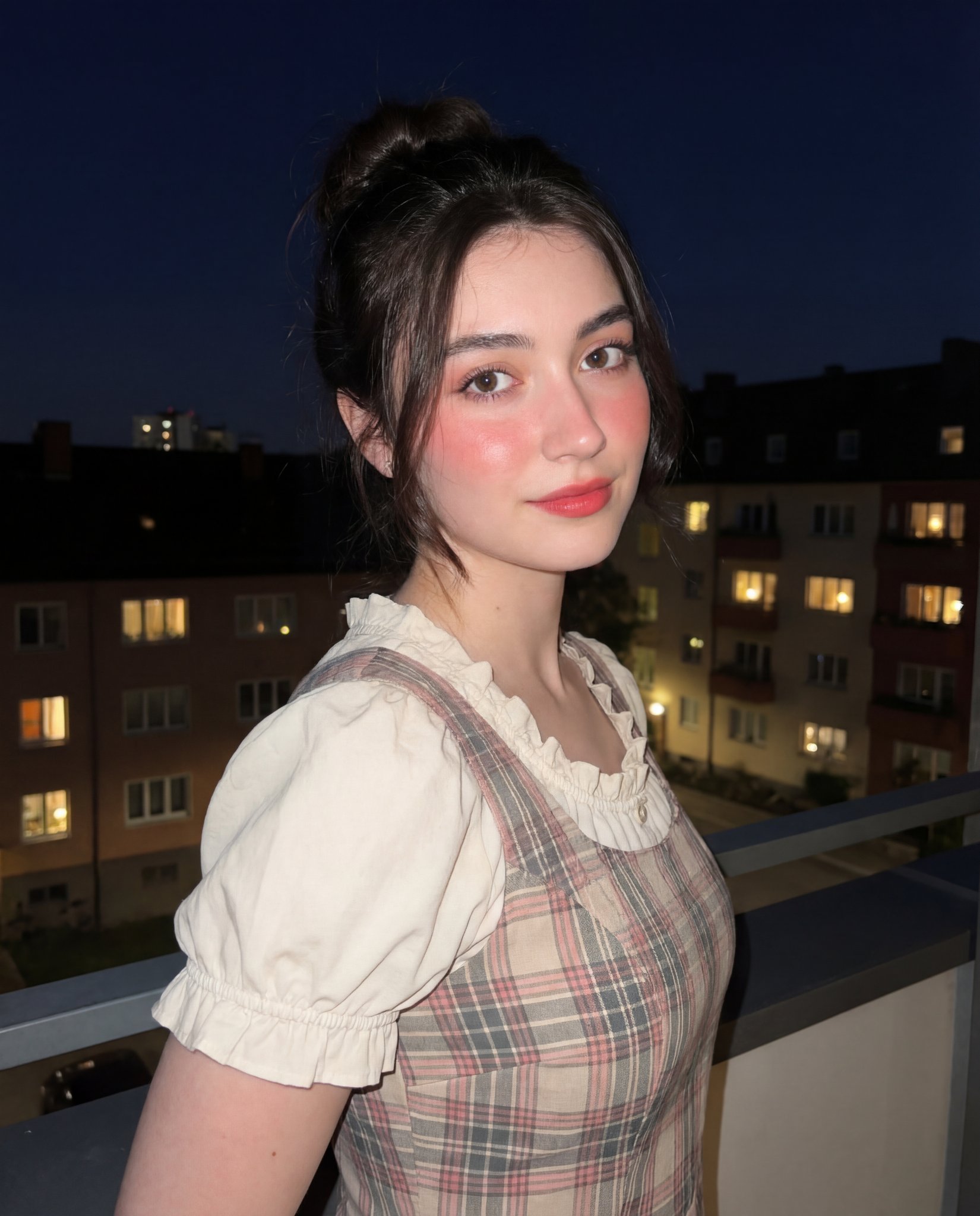 AI-generated portrait of a young woman in a plaid dress with soft pink and beige tones against a dark sky.