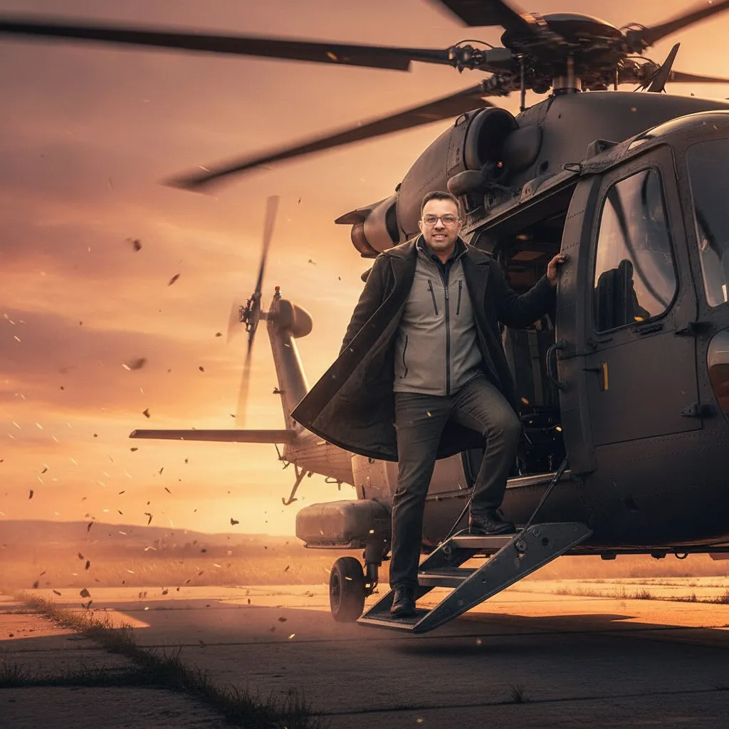 Man Boarding A Helicopter At Sunset