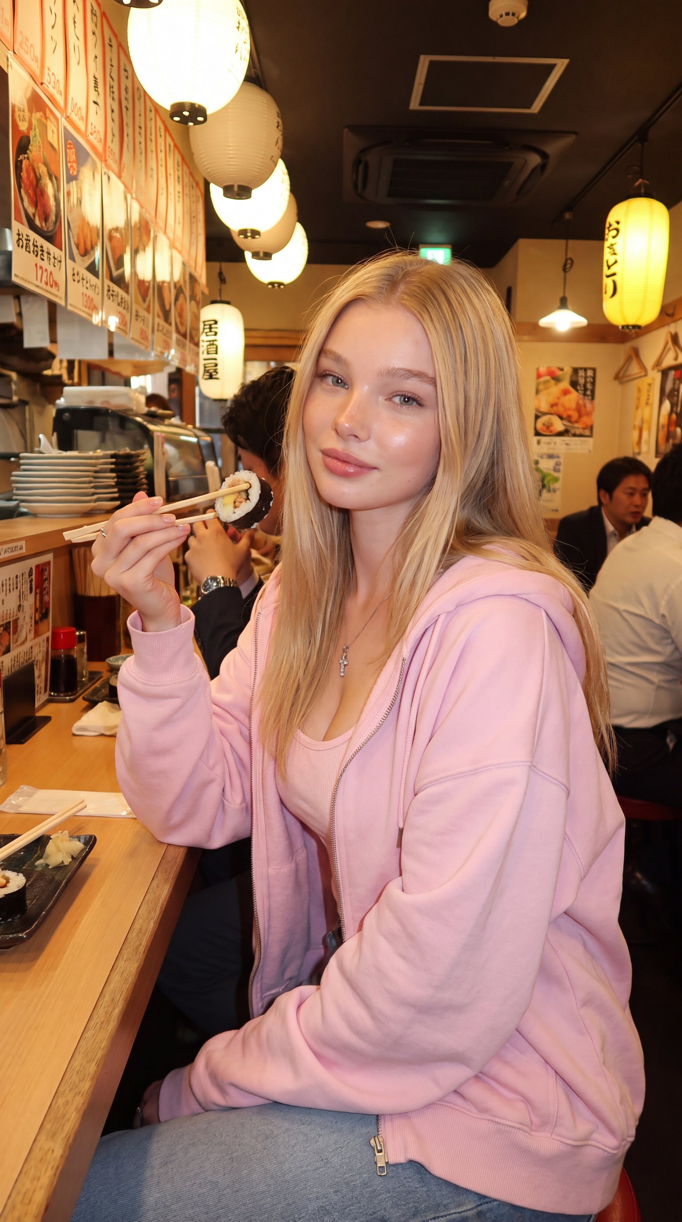 Sushi Izakaya Counter Pink Hoodie Medium Shot