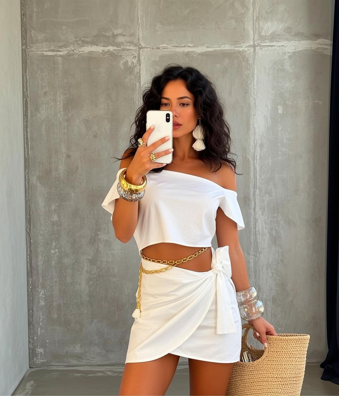 White Wrap Skirt Straw Tote