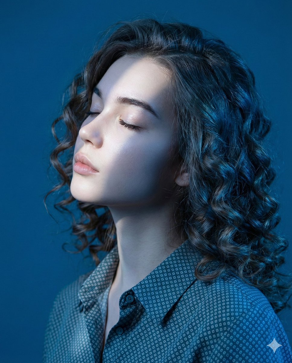 Artistic close-profile portrait of a young woman with blue lighting, eyes closed, serene expression, dramatic light enhancing features.