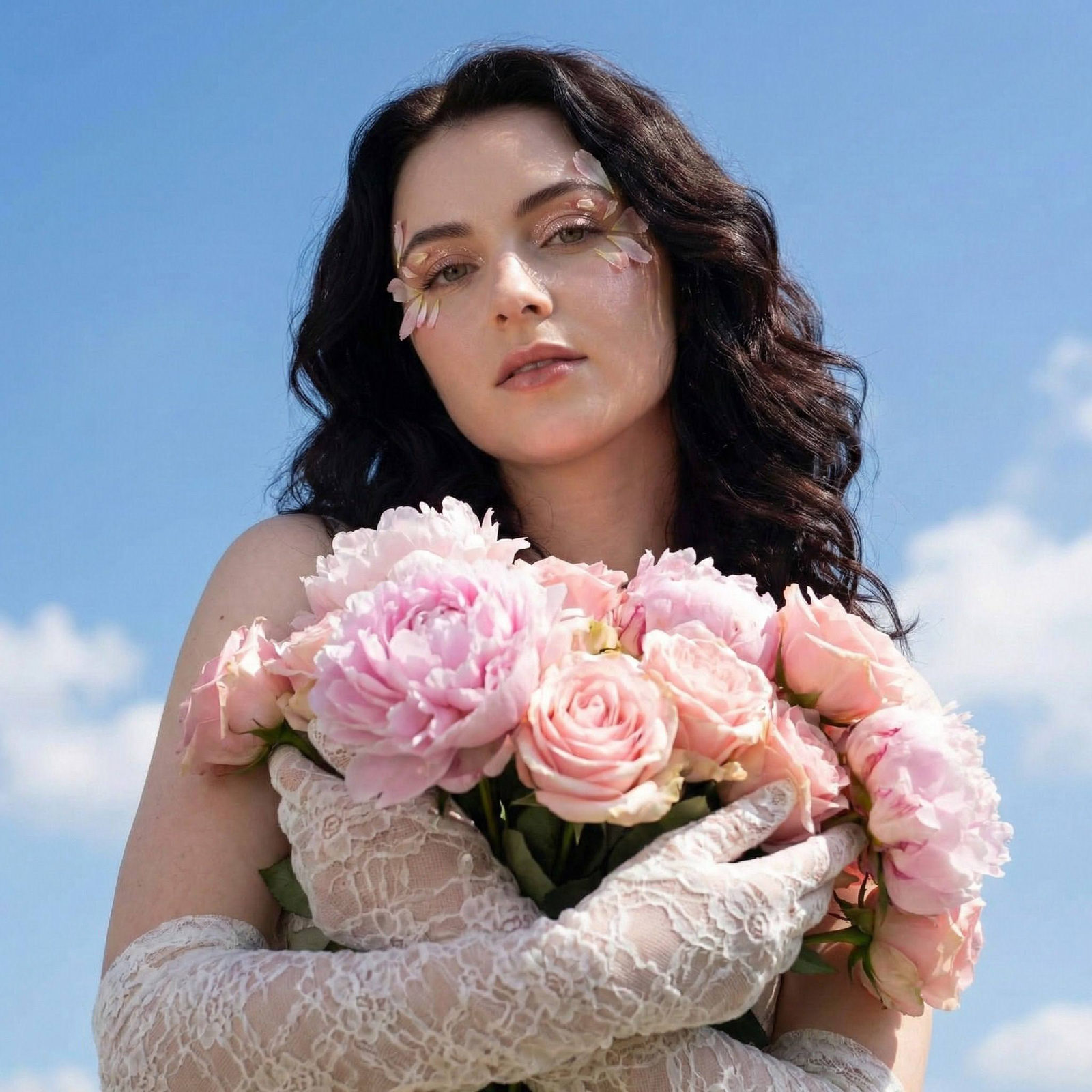 A woman embracing a bouquet of soft pink peonies and roses, dressed in elegant lace gloves, with styled wavy hair and flower petal accents by her eyes.
