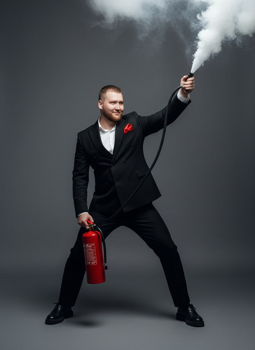 A stylish individual in a sharp double-breasted suit, striking a wide-legged pose holding a fire extinguisher, with smoke billowing dramatically.