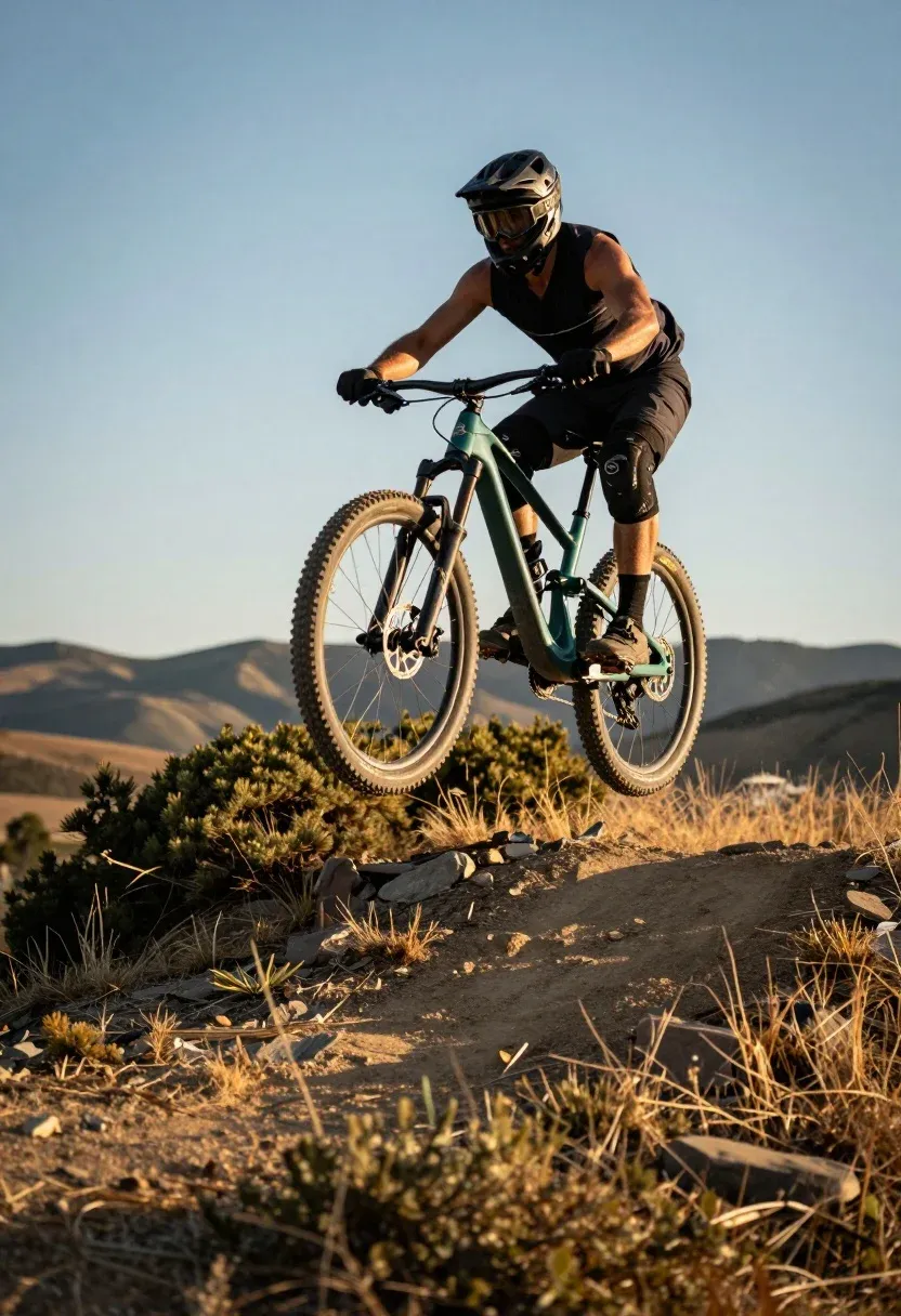 Mountain Biker Full Protective Gear Airborne Mid-jump Over Rugged Trail