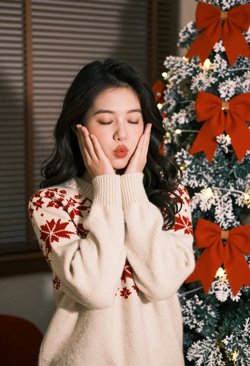 Young Woman With Long Dark Wavy Hair Stands Indoors Cozy
