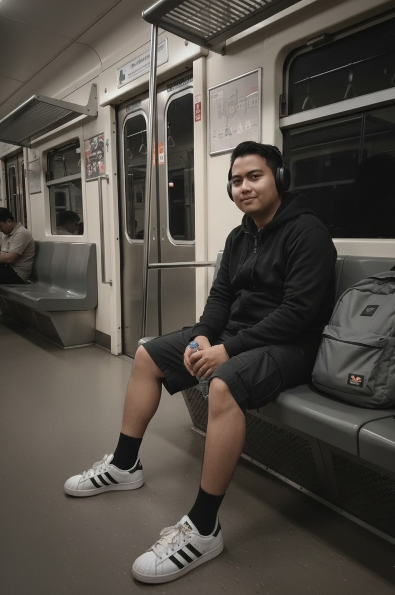 A man in a black hoodie sitting inside a train, smiling and holding a water bottle.