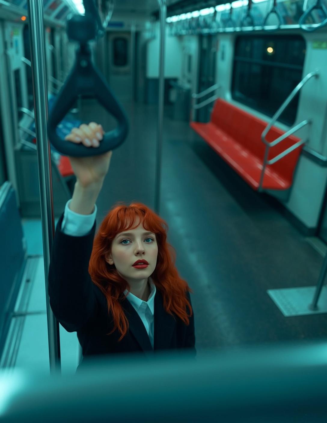 Explore Stands Inside Subway Car Her Right