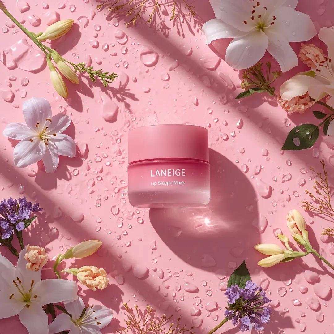 A close-up view of a pink LANEIGE lip sleeping mask on pastel pink surface with water droplets and delicate flowers.