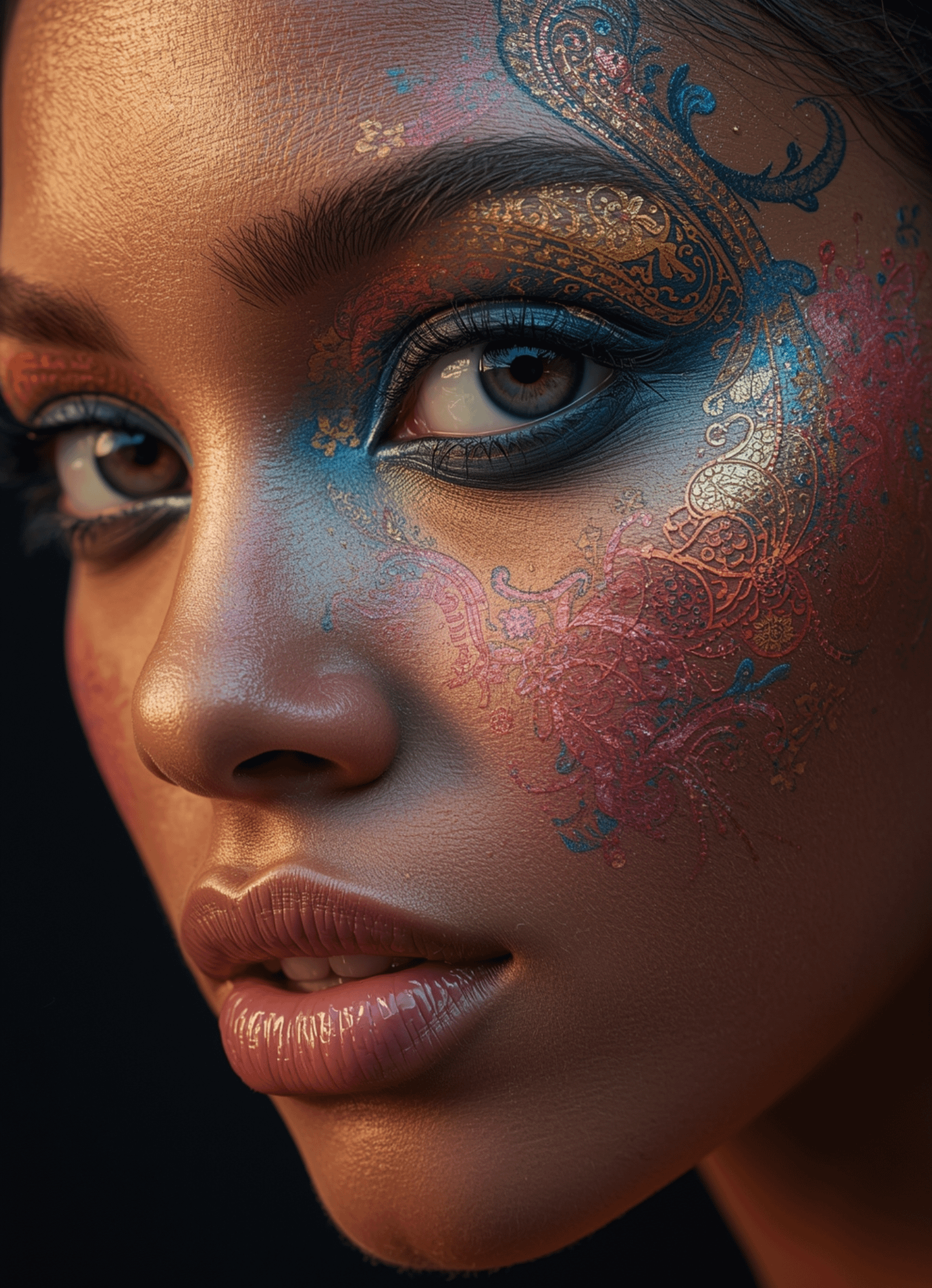Intricate Paisley Face Paint Warm Directional Lighting
