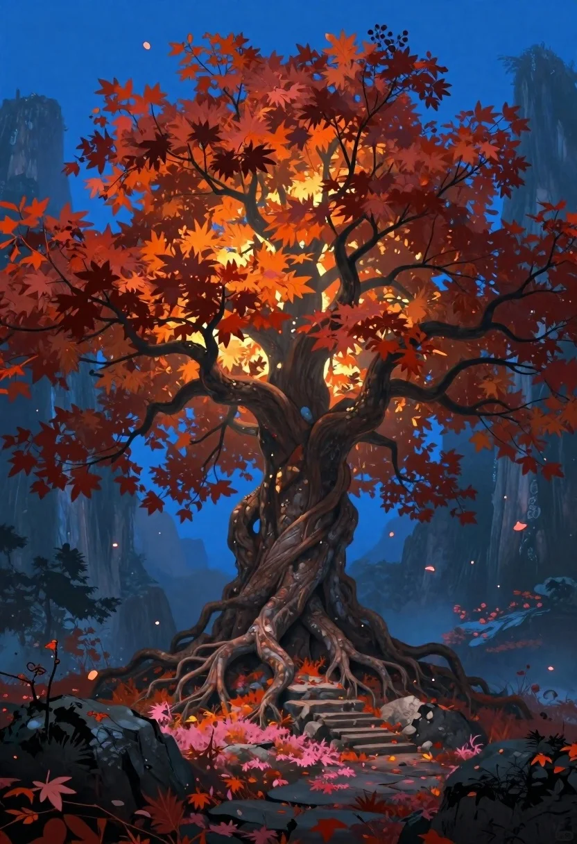 Digital Painting Mystical Forest Scene Featuring Ancient Tree With Vibrant reference photo