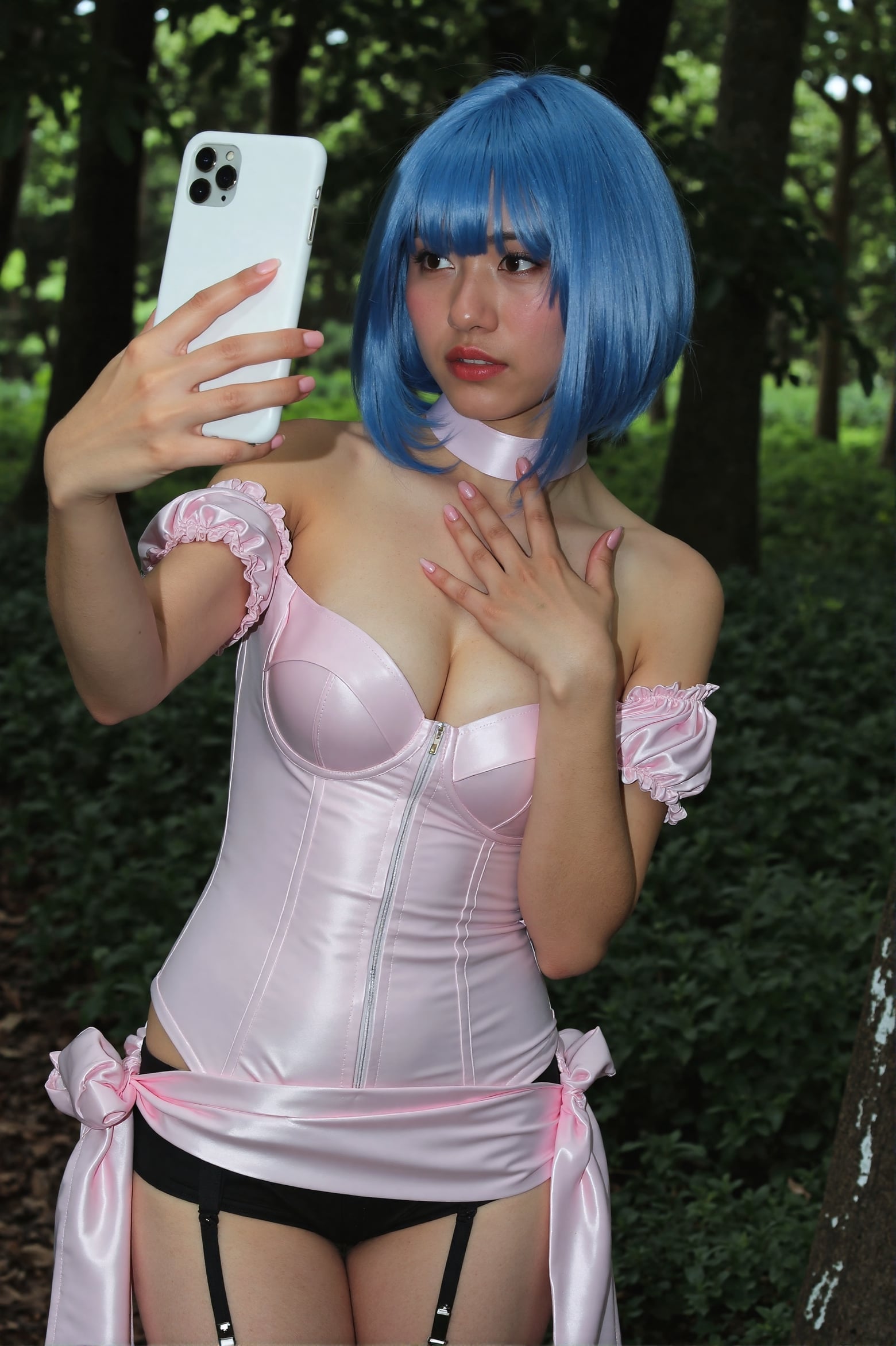 A woman in a pale pink corset top poses with a smartphone in a lush green forest.