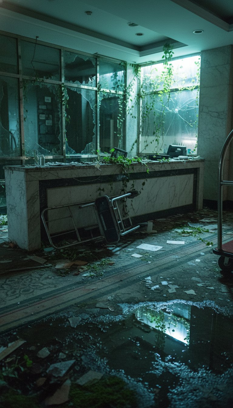 Abandoned Hotel Lobby Teal Cast Overgrown Vines