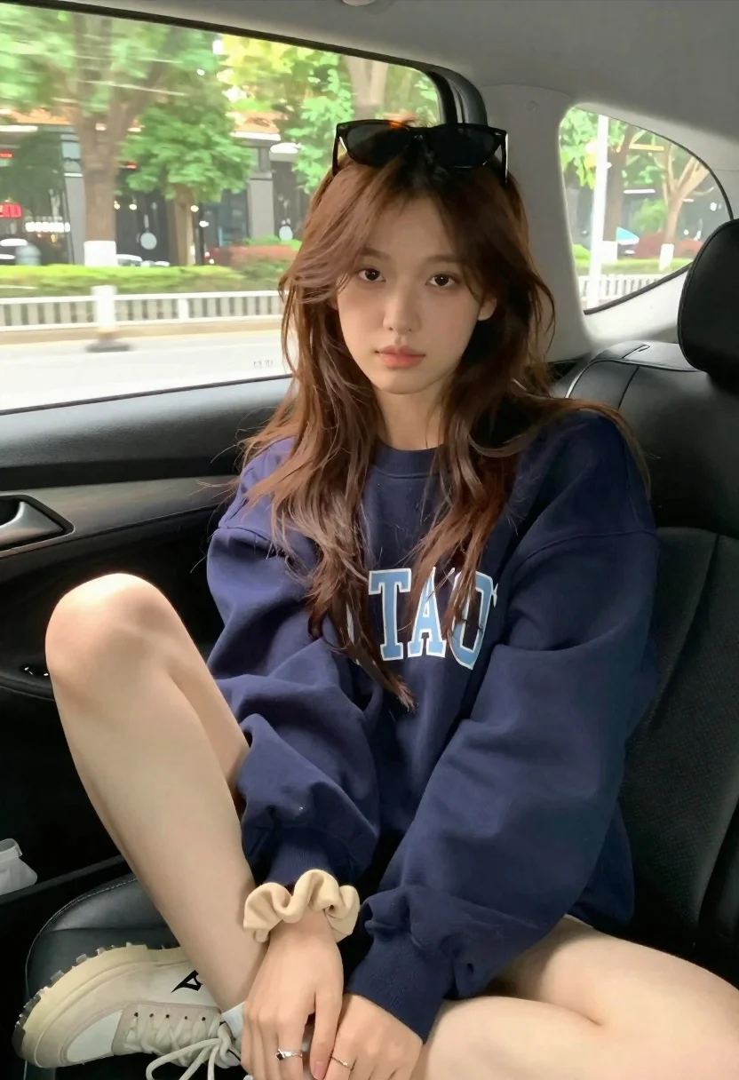 Young Woman With Long Brown Hair Sits Inside Car Looking reference photo